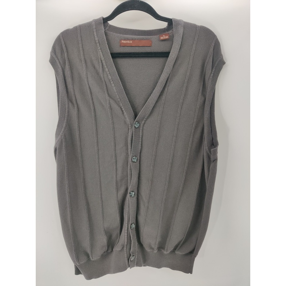 Perry Ellis‎ Mens V Neck Button Front Knit Sweater Vest Gray XL